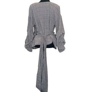 Settledown Houndstooth Plaid Long Sleeve Wrap Blouse Black White Large